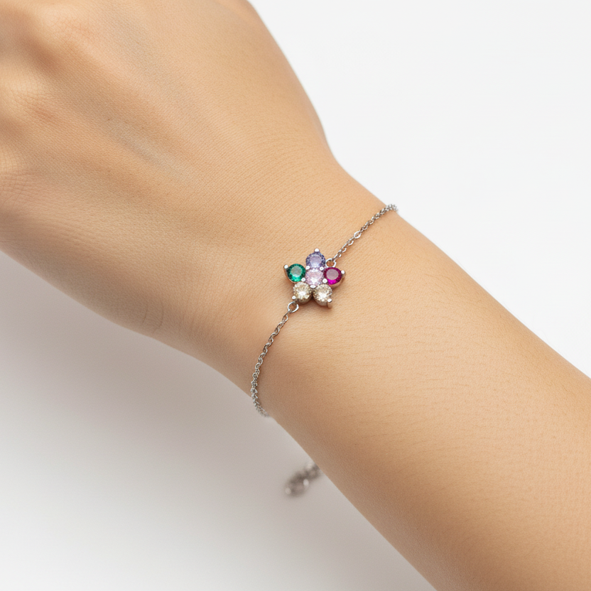 Sterling Silver Multicolour Flower Bracelet