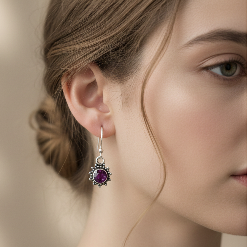 Exquisite Sterling Silver Dangling Earrings with Ruby Red Sunshine