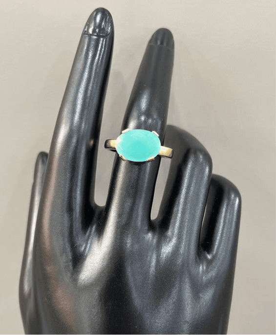 Radiant Glow: Handmade 18 Karat Gold-Plated Aqua Chalcedony Ring - Saras Beads & Jewellery
