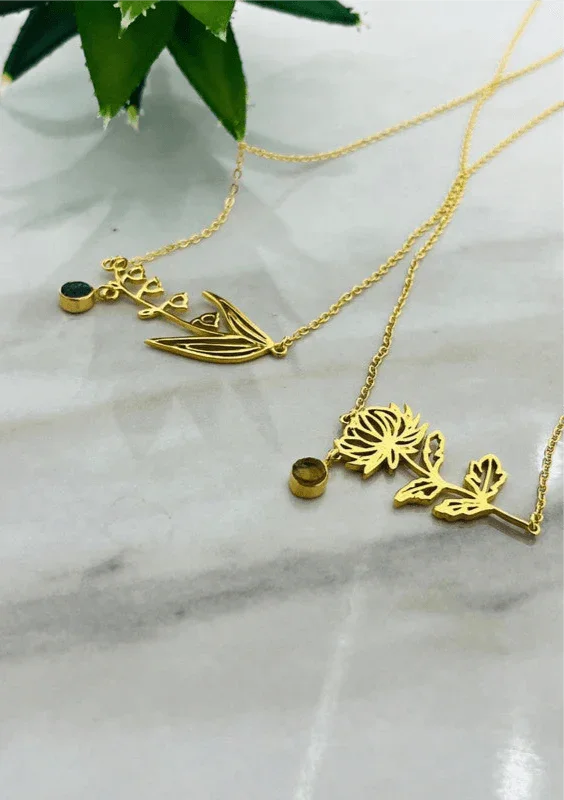 Gold-Plated Necklace with May Emerald Birthstone and Lily of the Valley Flower - Saras Beads & Jewellery