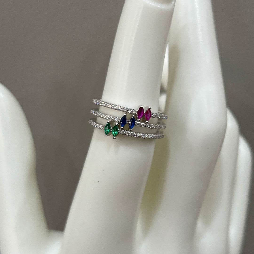 Triple Stone Ring – Sapphire, Emerald, and Ruby Zircon Ring Trio