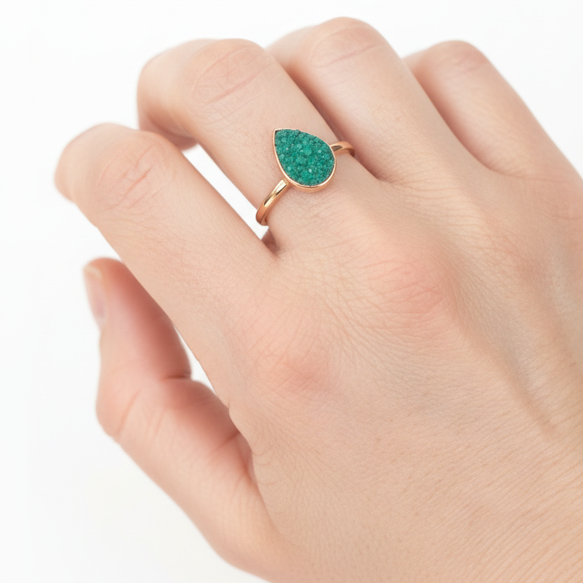 Gold Plated Green Druzy Teardrop Ring