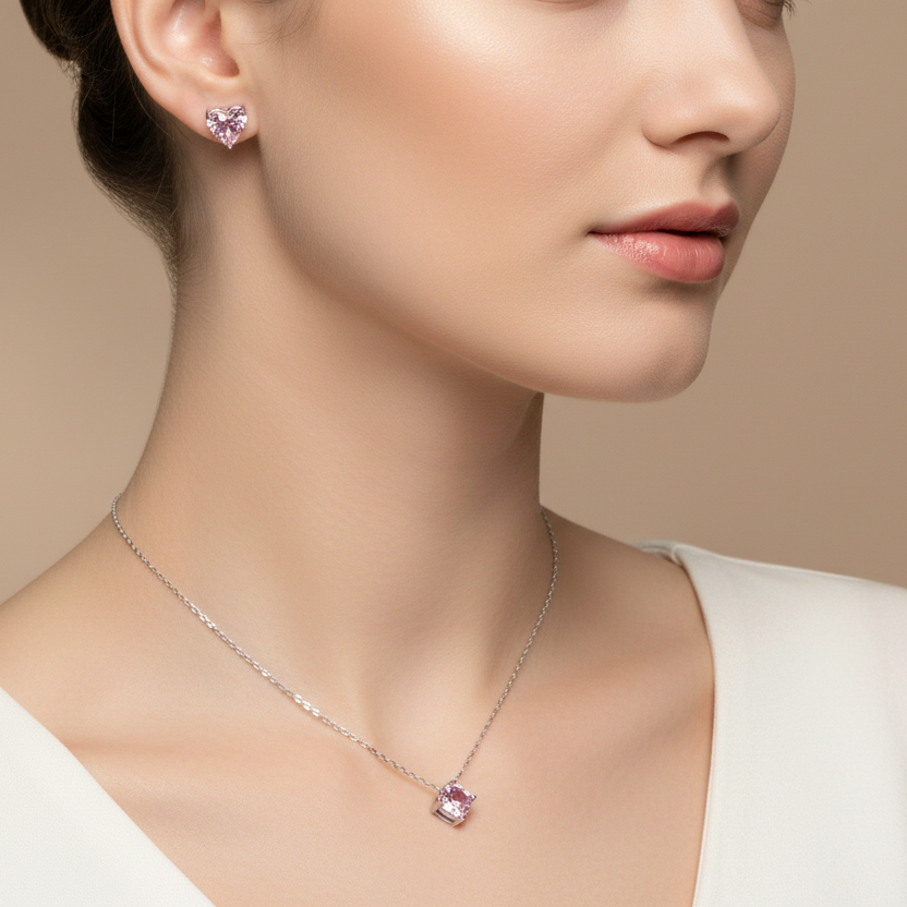 Pink Stud Earrings and Necklace Set