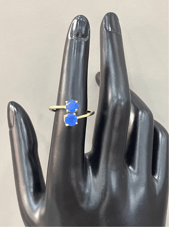 Adjustable Twinkling Duo: Handmade 18 Karat Gold-Plated Ring with Two Ink Blue Chalcedony stones - Saras Beads & Jewellery