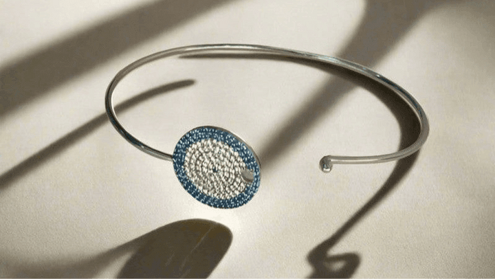 Sapphire Cascade: Sterling Silver Bangle with Blue Zirconia and Diamond Layers - Saras Beads & Jewellery