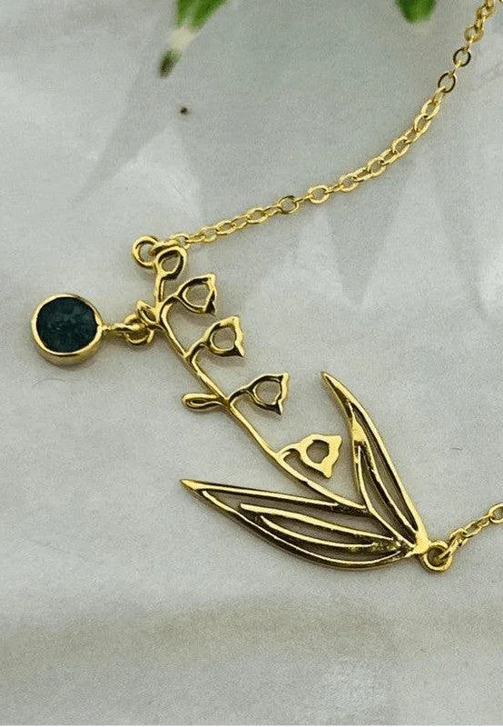 Gold-Plated Necklace with May Emerald Birthstone and Lily of the Valley Flower - Saras Beads & Jewellery