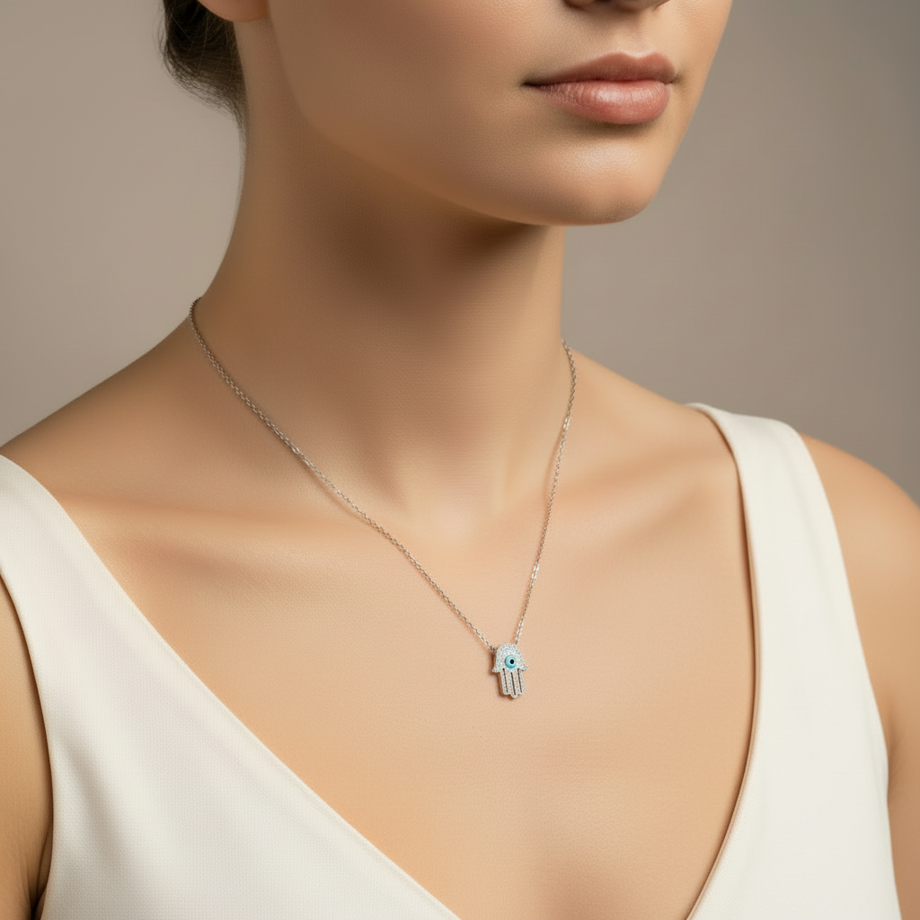 Sterling Silver Hand with Turquoise Eye Necklace