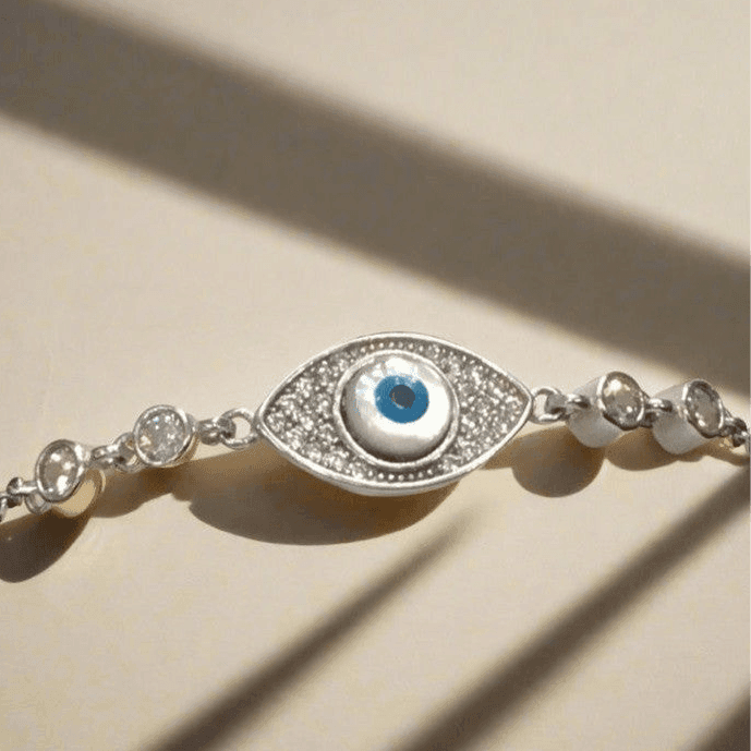 Evil Eye Sterling Silver Bracelet with Dual Zircon Stones