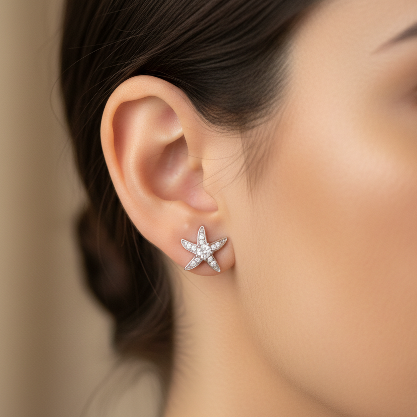 Sterling Silver Star Earrings | Light Blue & White Diamond Zirconia