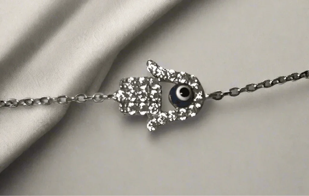 Sterling Silver Hamsa Hand Bracelet with Evil Eye – A Symbol of Protection and Luck