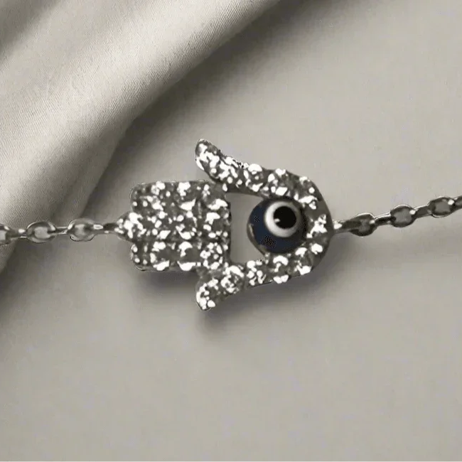 Sterling Silver Hamsa Hand Bracelet with Evil Eye – A Symbol of Protection and Luck