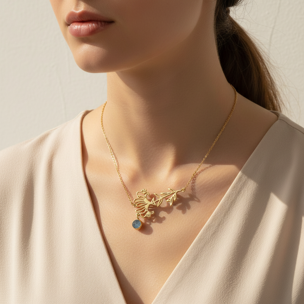 Gold-Plated Necklace with September Sapphire Birthstone and Aster Flower