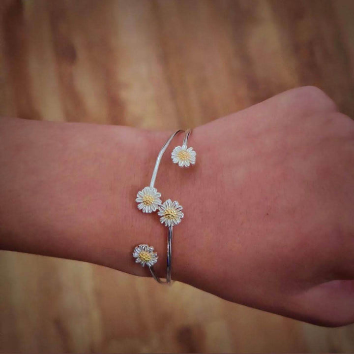 Handmade Sterling Silver Bangle with Four Daisies - Saras Beads & Jewellery