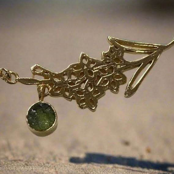 Gladiolus Necklace: Gold Plated Flower and Peridot Birthstone