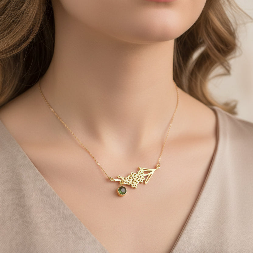 Gladiolus Necklace: Gold Plated Flower and Peridot Birthstone