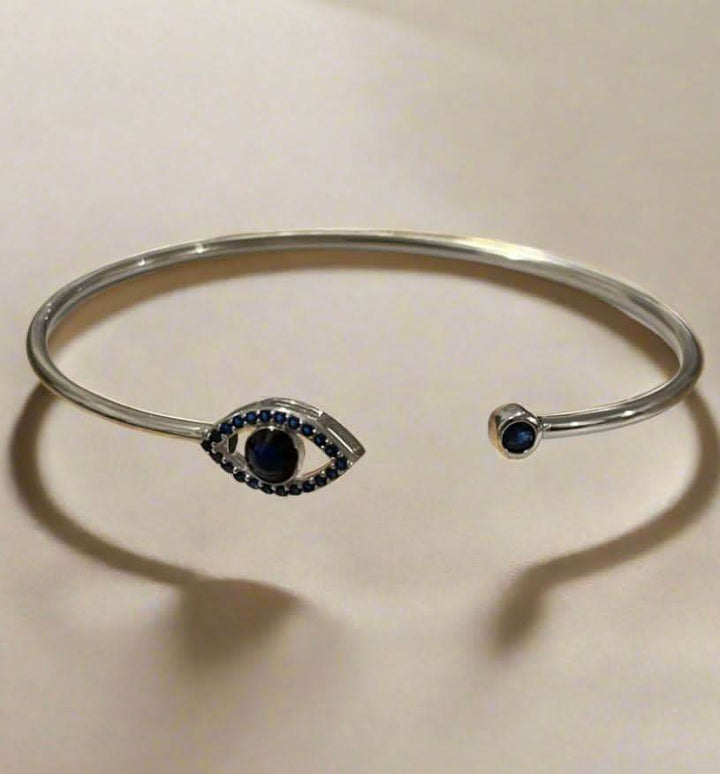 Sterling Silver Bangle with Evil Eye Charm – Protection and Style Combined - Saras Beads & Jewellery