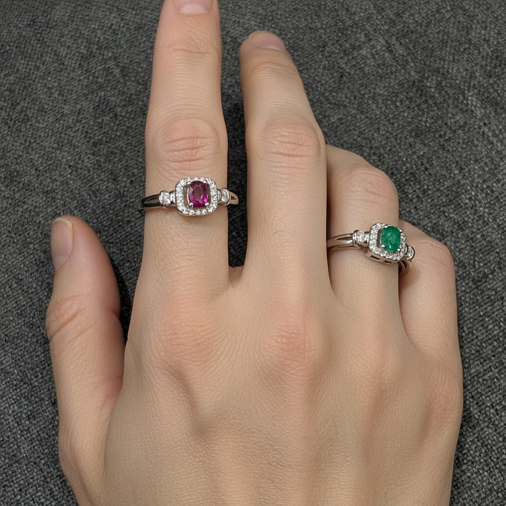 Sterling Silver Halo CZ Ring - Ruby & Emerald