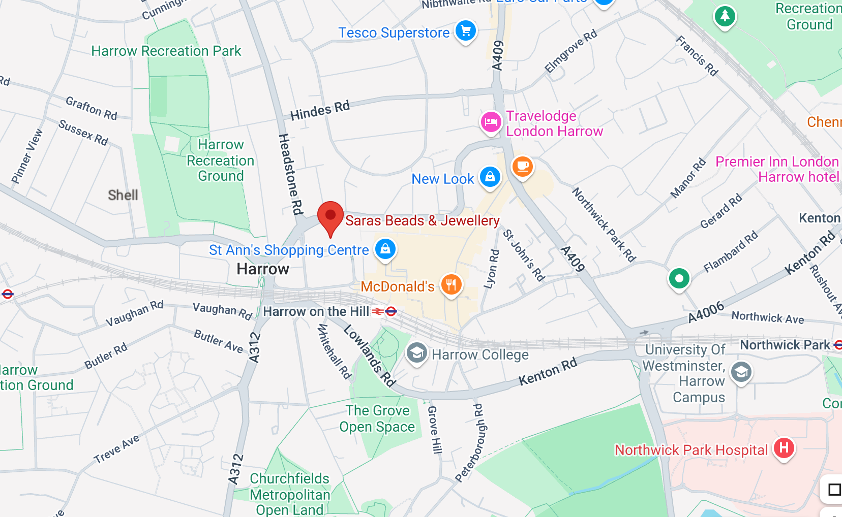 Saras Beads & Jewellery Location Map in Harrow, St. Georges Shopping Centre