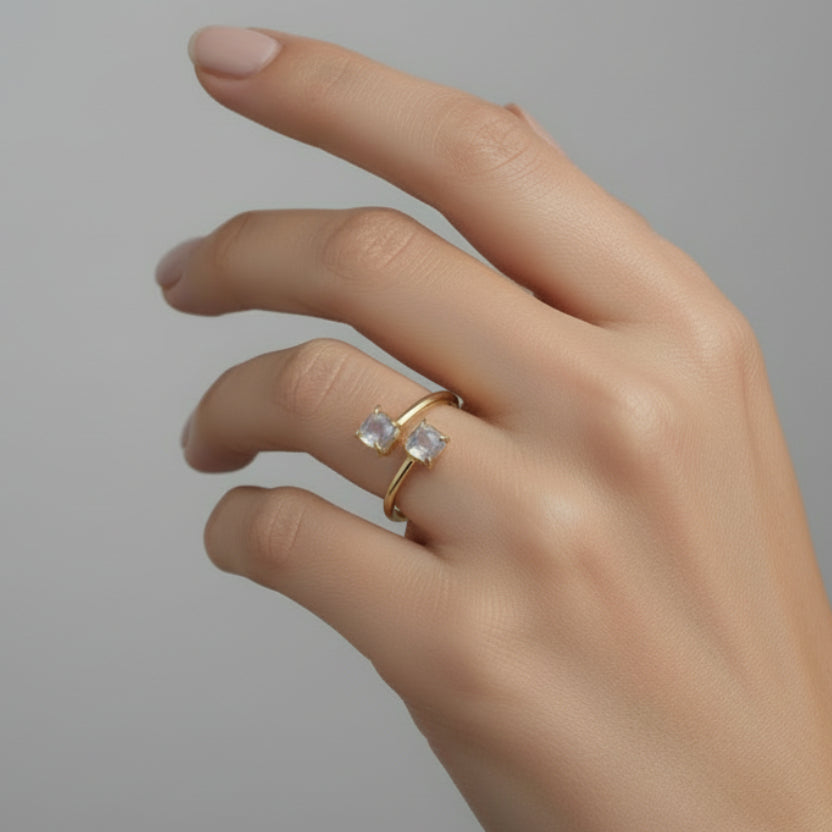 Gold Plated Moonstone Open Ring – Double Stone Wrap