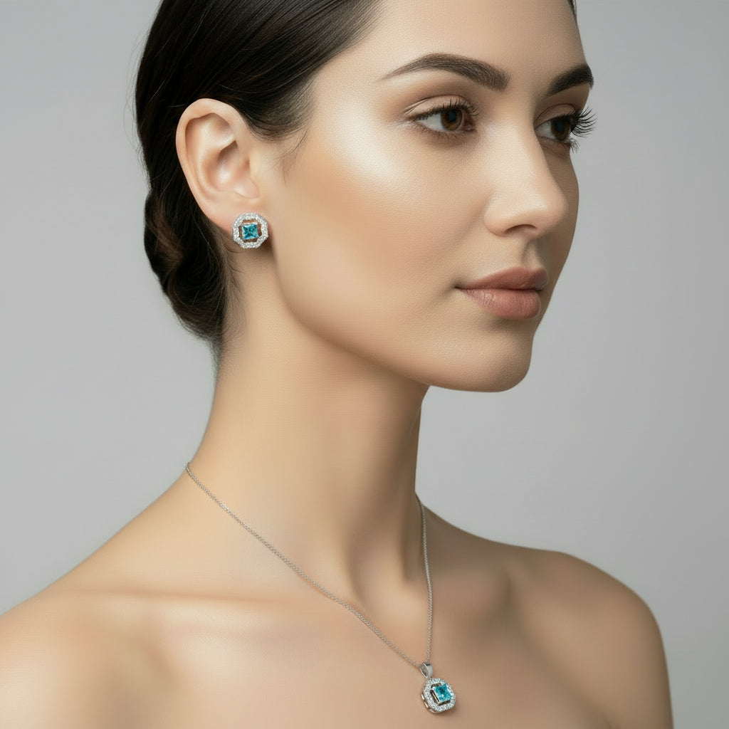 Aqua CZ Halo Stud Earrings & Pendant Necklace Set