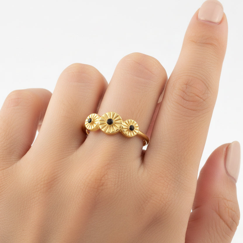 Gold Plated Onyx Sunburst Disc Ring