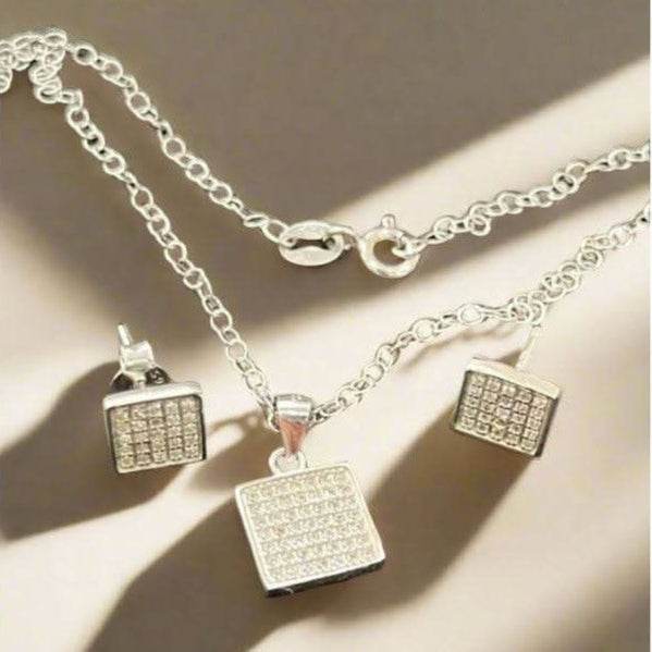 Elegant Square Necklace and Stud Earrings Set With Shiny Zirconia for Timeless Sophistication - Saras Beads & Jewellery
