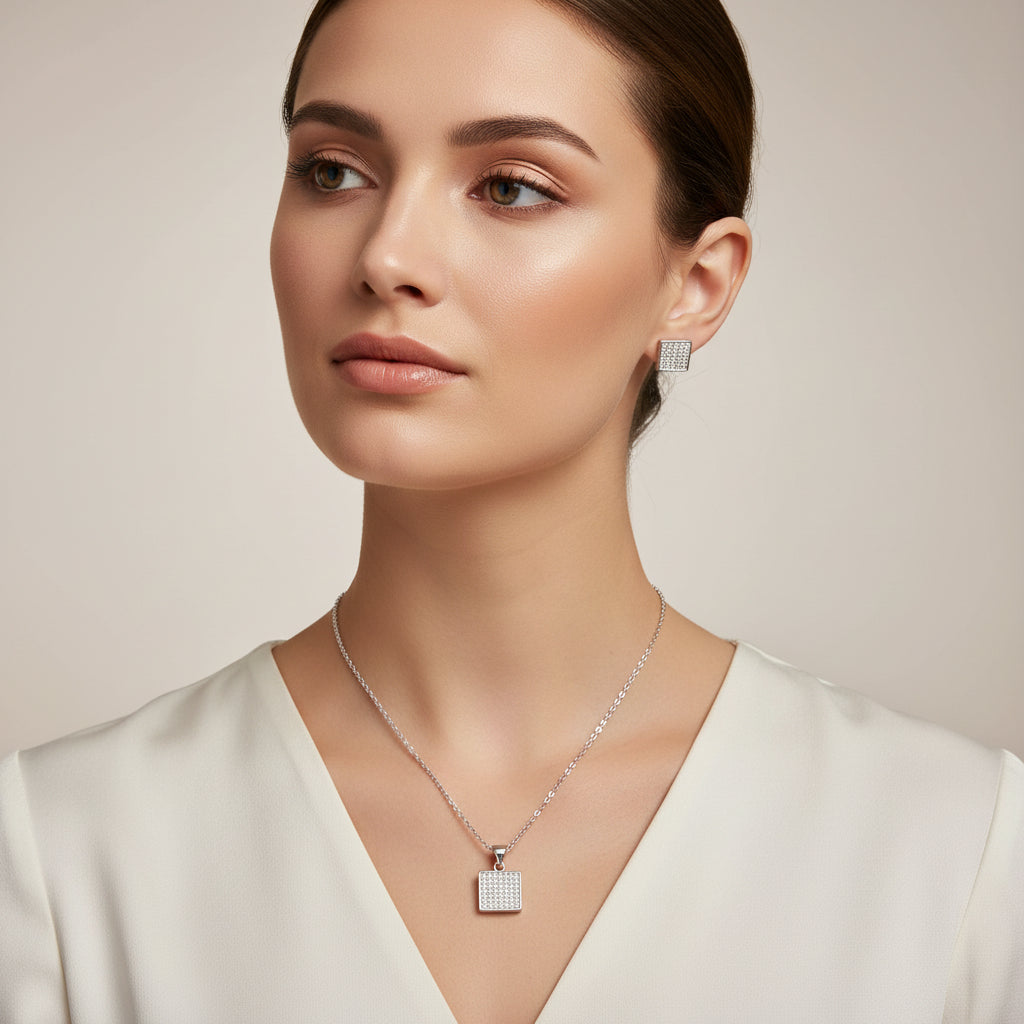 Elegant Square Necklace and Stud Earrings Set With Shiny Zirconia for Timeless Sophistication