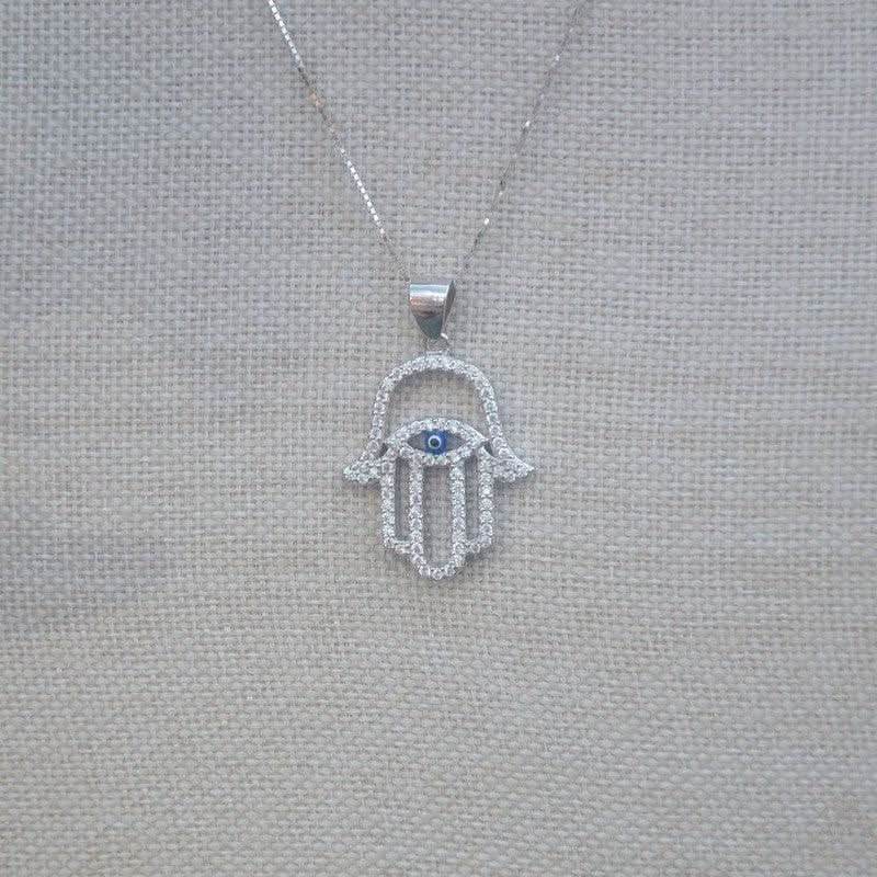 Hamsa Hand with Evil Eye Necklace - Sterling Silver - Saras Beads & Jewellery