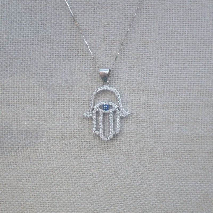Hamsa Hand with Evil Eye Necklace - Sterling Silver - Saras Beads & Jewellery
