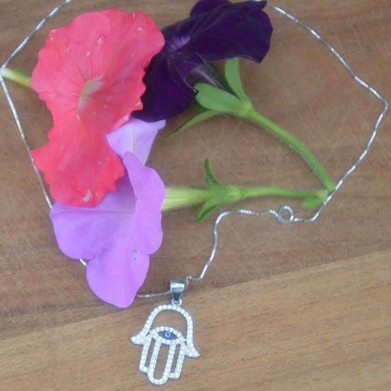 Hamsa Hand with Evil Eye Necklace - Sterling Silver - Saras Beads & Jewellery