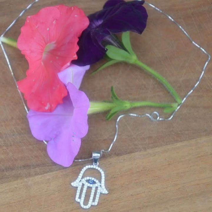 Hamsa Hand with Evil Eye Necklace - Sterling Silver - Saras Beads & Jewellery