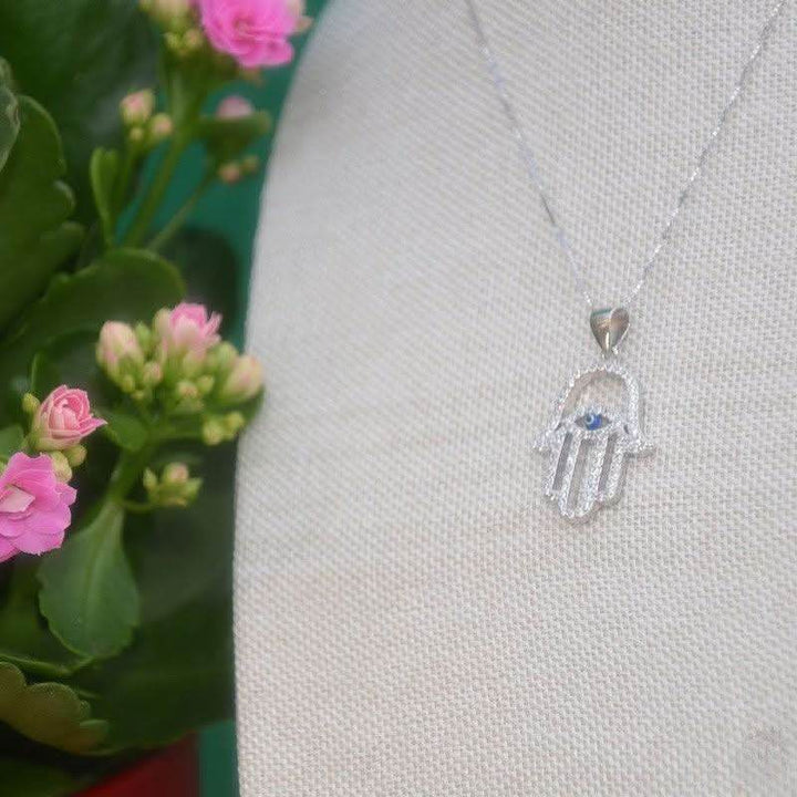 Hamsa Hand with Evil Eye Necklace - Sterling Silver - Saras Beads & Jewellery