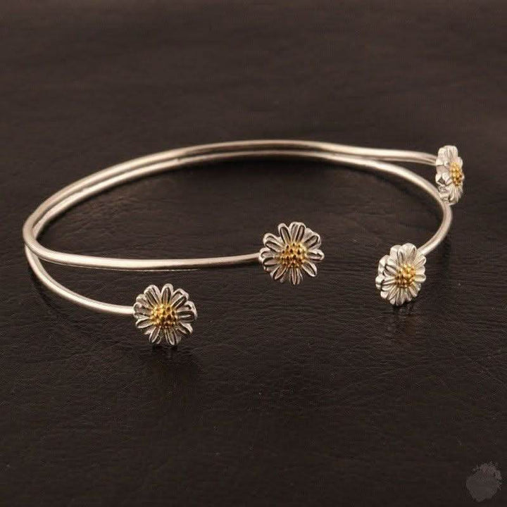 Handmade Sterling Silver Bangle with Four Daisies - Saras Beads & Jewellery