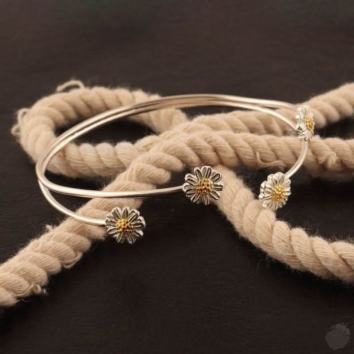 Handmade Sterling Silver Bangle with Four Daisies - Saras Beads & Jewellery
