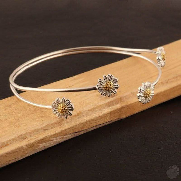 Handmade Sterling Silver Bangle with Four Daisies - Saras Beads & Jewellery