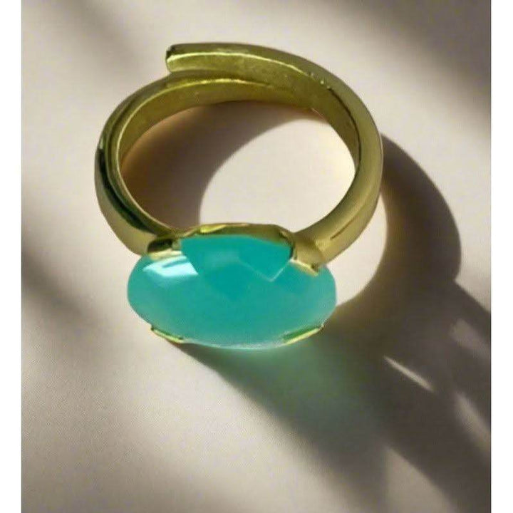 Radiant Glow: Handmade 18 Karat Gold-Plated Aqua Chalcedony Ring - Saras Beads & Jewellery