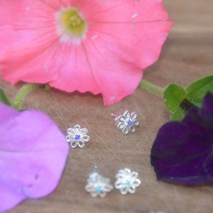 Silver Hexagon Stud Earring with Central Gem - Saras Beads & Jewellery