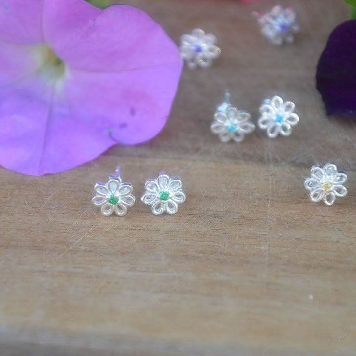 Silver Hexagon Stud Earring with Central Gem - Saras Beads & Jewellery