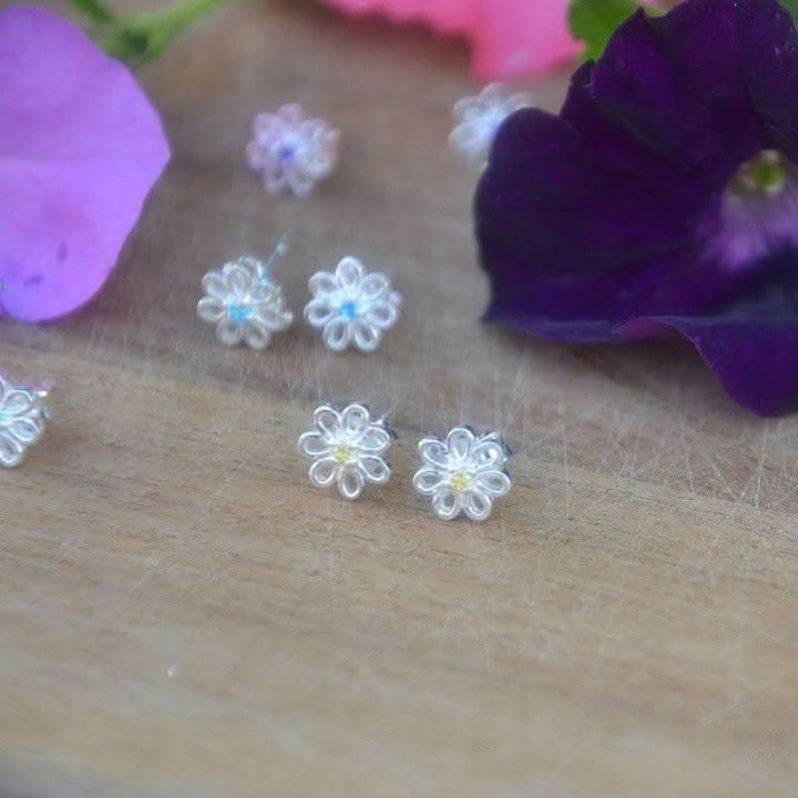 Silver Hexagon Stud Earring with Central Gem - Saras Beads & Jewellery