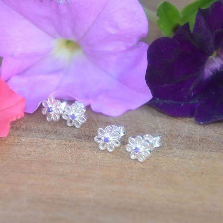 Silver Hexagon Stud Earring with Central Gem - Saras Beads & Jewellery