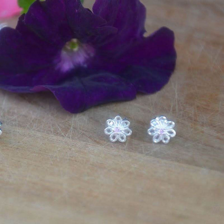 Silver Hexagon Stud Earring with Central Gem - Saras Beads & Jewellery
