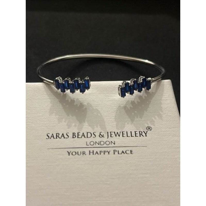 Sterling Silver Bangle with Blue Zirconia Strikes – A Bold Statement Piece - Saras Beads & Jewellery