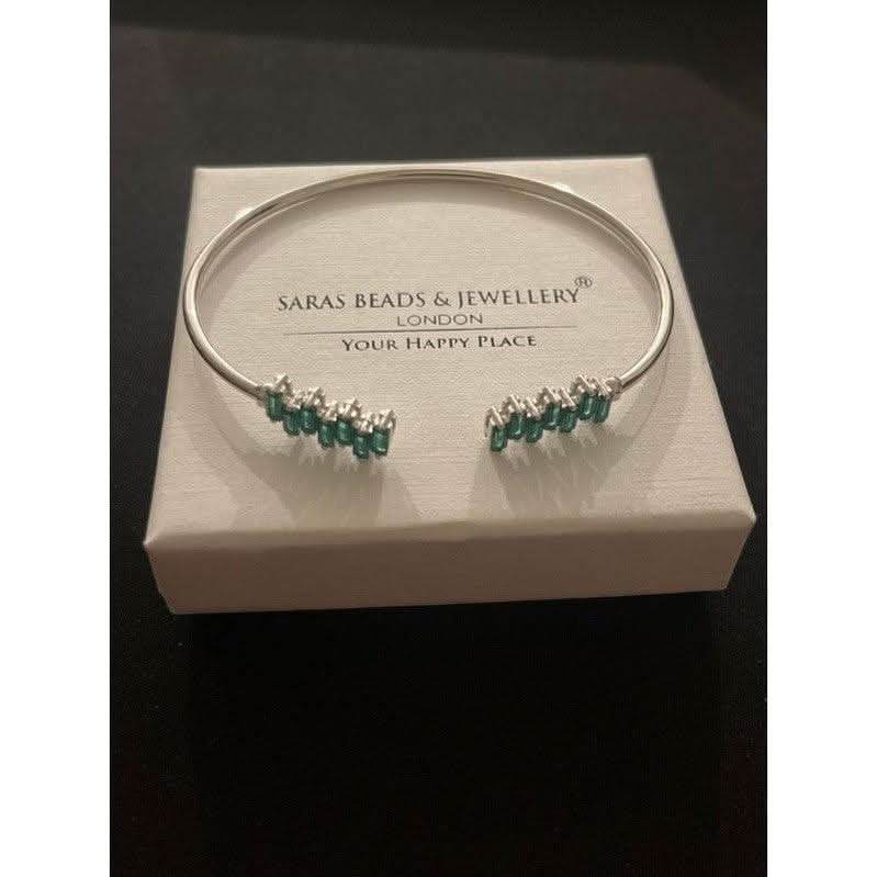 Sterling Silver Bangle with Green Zirconia Strikes – A Bold Statement Piece - Saras Beads & Jewellery