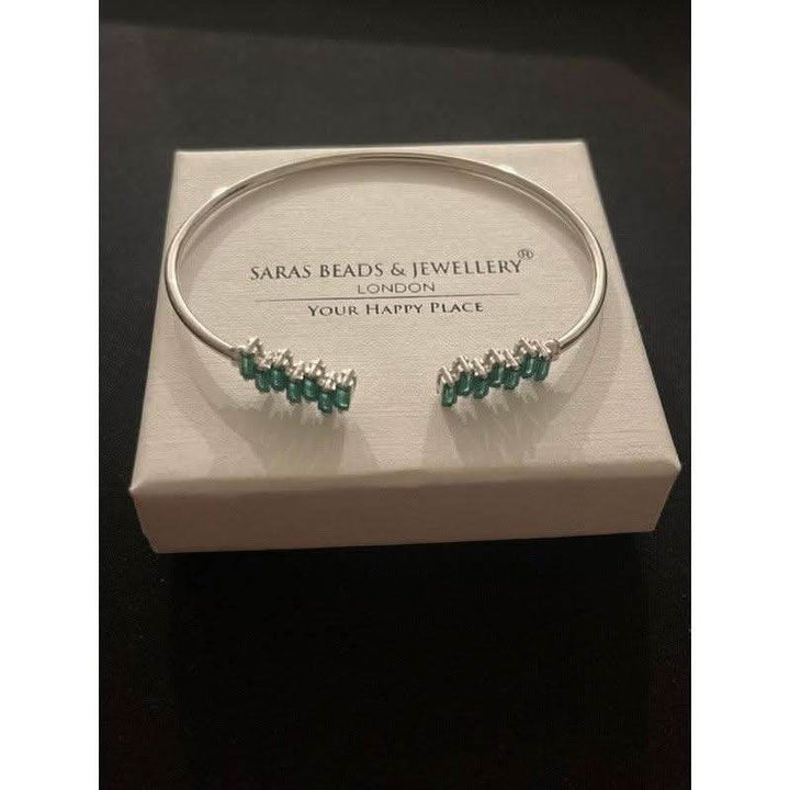 Sterling Silver Bangle with Green Zirconia Strikes – A Bold Statement Piece - Saras Beads & Jewellery