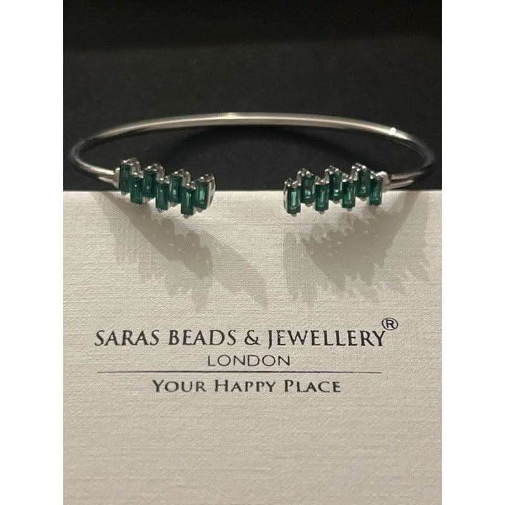 Sterling Silver Bangle with Green Zirconia Strikes – A Bold Statement Piece - Saras Beads & Jewellery