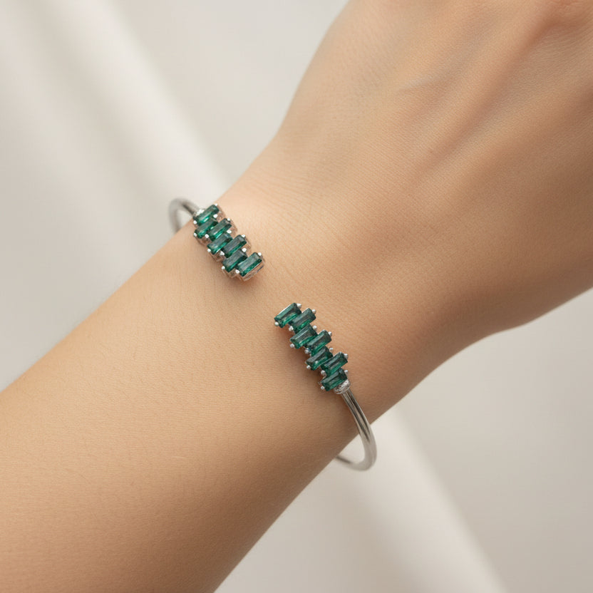 Sterling Silver Bangle with Green Zirconia Strikes – A Bold Statement Piece