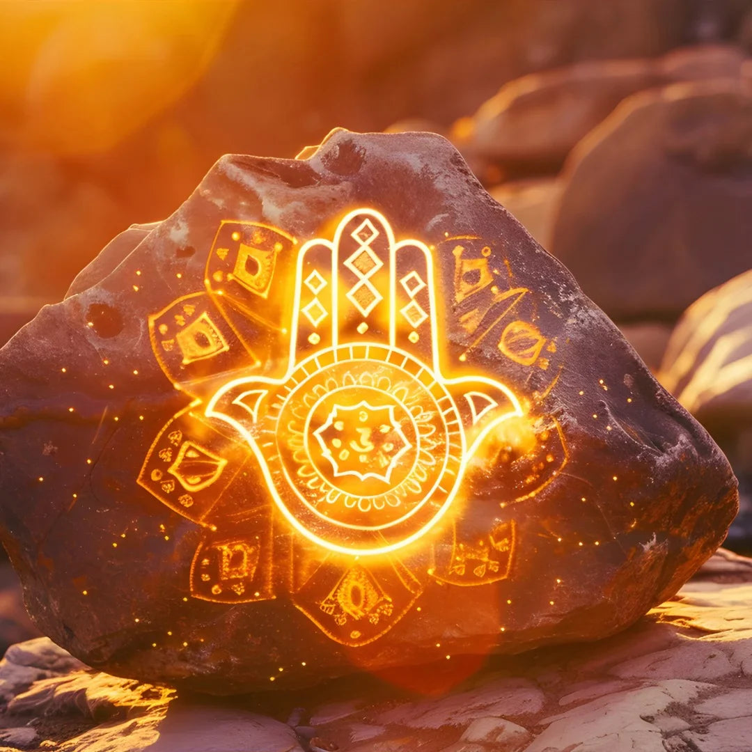 The hamsa is a distinctive symbol featuring an eye embedded in the palm of an open hand, widely recognized in Jewish art and amulets for its protective qualities against the evil eye.