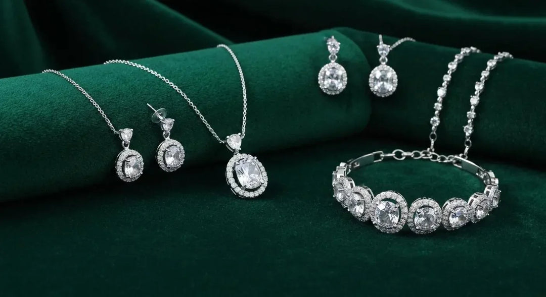 Elegant Sterling Silver Jewellery Set with Cubic Zirconia - Saras Beads & Jewellery