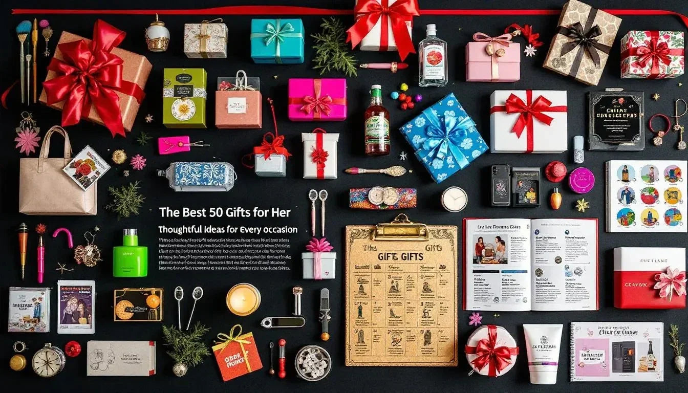 A beautifully arranged display of luxury gifts for her, featuring sparkling jewellery, elegant accessories, and thoughtfully curated gift sets.