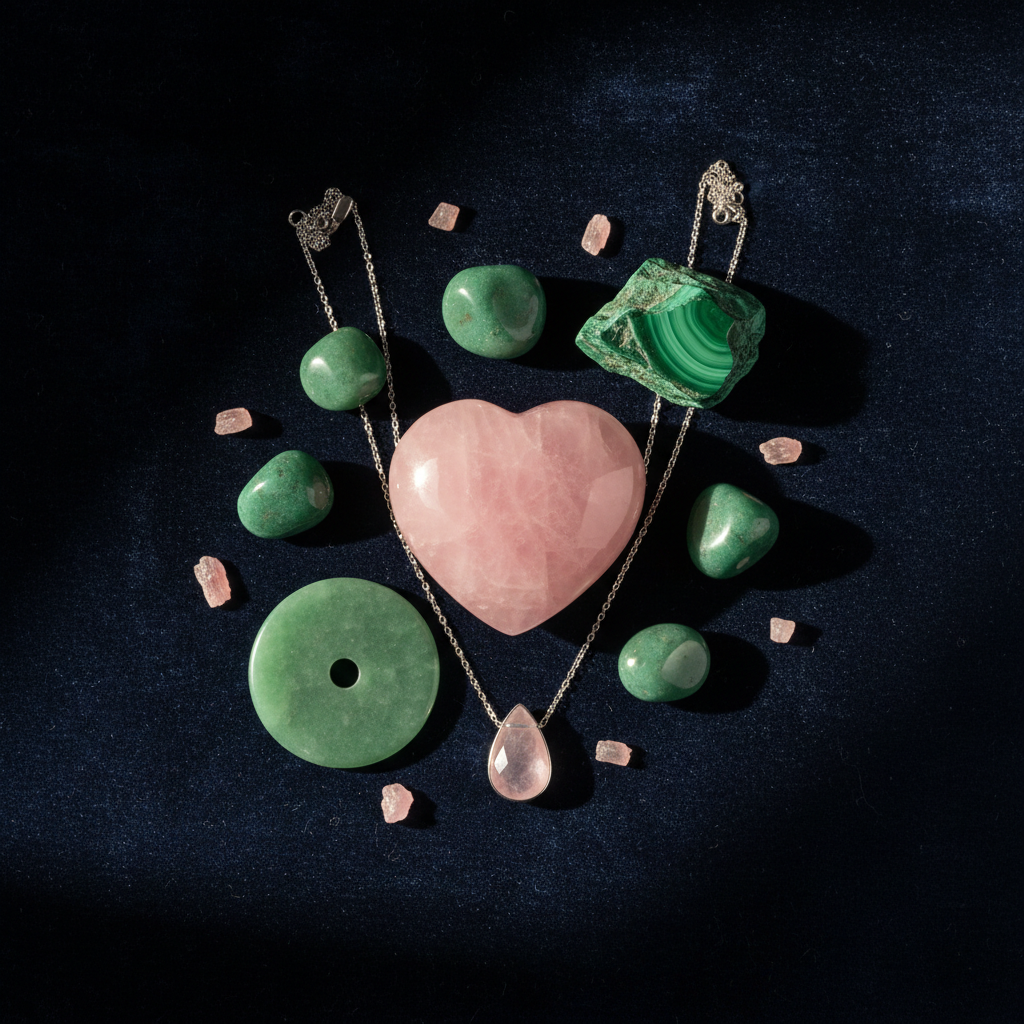 a rose quartz heart, green aventurine, malachite, jade, and pink tourmaline alongside a silver rose quartz pendant on dark navy velvet — soft blush pink and lush green tones with a romantic, healing mood. 